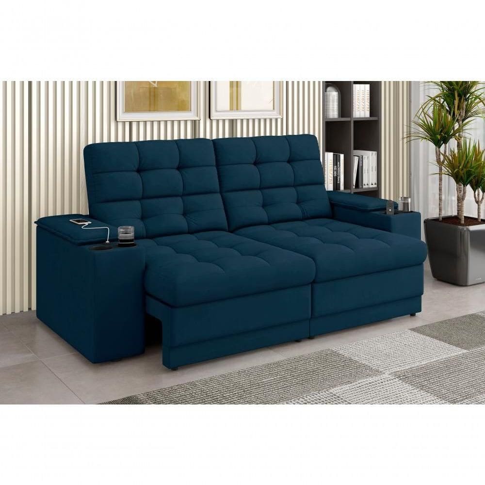 Sofá Confort Premium 2,05m Assento Retrátil/reclinável Porta Copos E Usb Suede Petróleo - Xflex Sofas