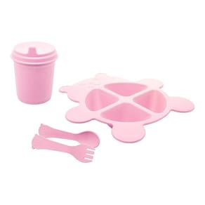 Jogo Prato Infantil Divisórias Com Copo E Talheres Urso Baby Rosa Fibra De Bambu Pp Lyor