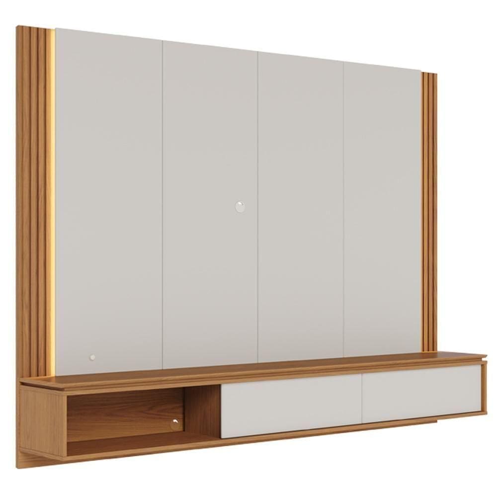 Painel Para Tv 75 Pol Bancada Suspensa Led Horebe C04 Off White Matte Freijó - Lyam Decor