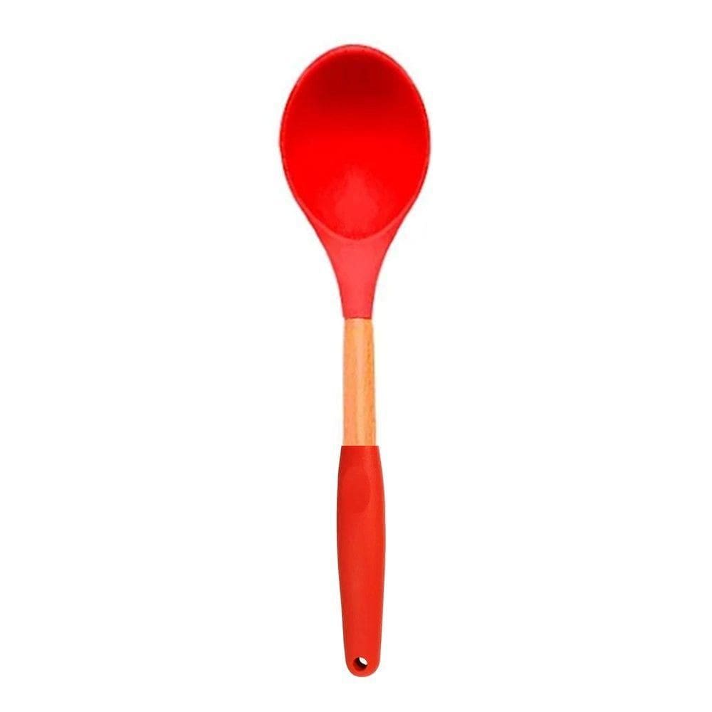 Colher De Silicone Multiuso Com Cabo De Madeira Vermelho Em Casa Tem