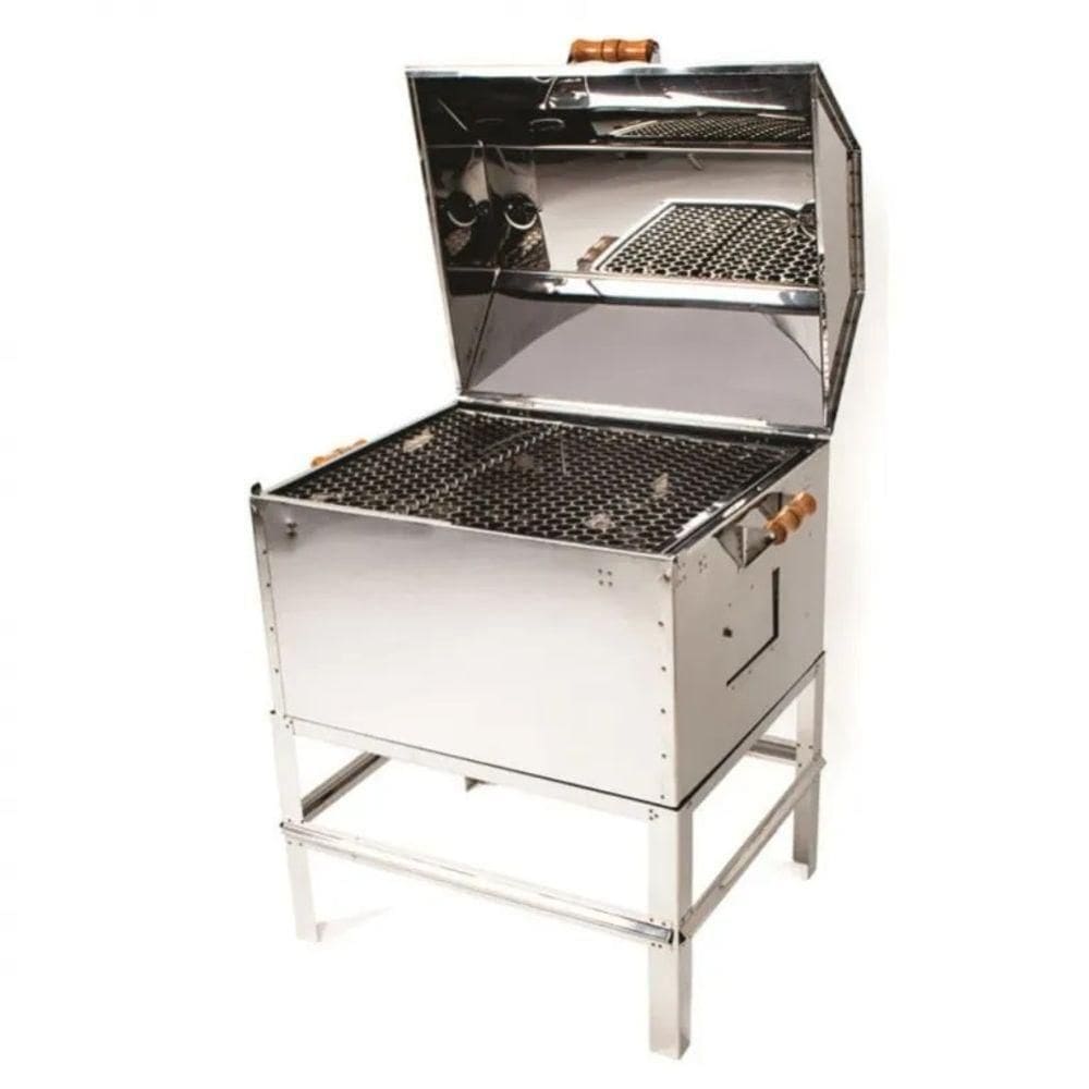 Churrasqueira Inox Grande Móvel Portátil Com Tampa E Grelha 58x50x85