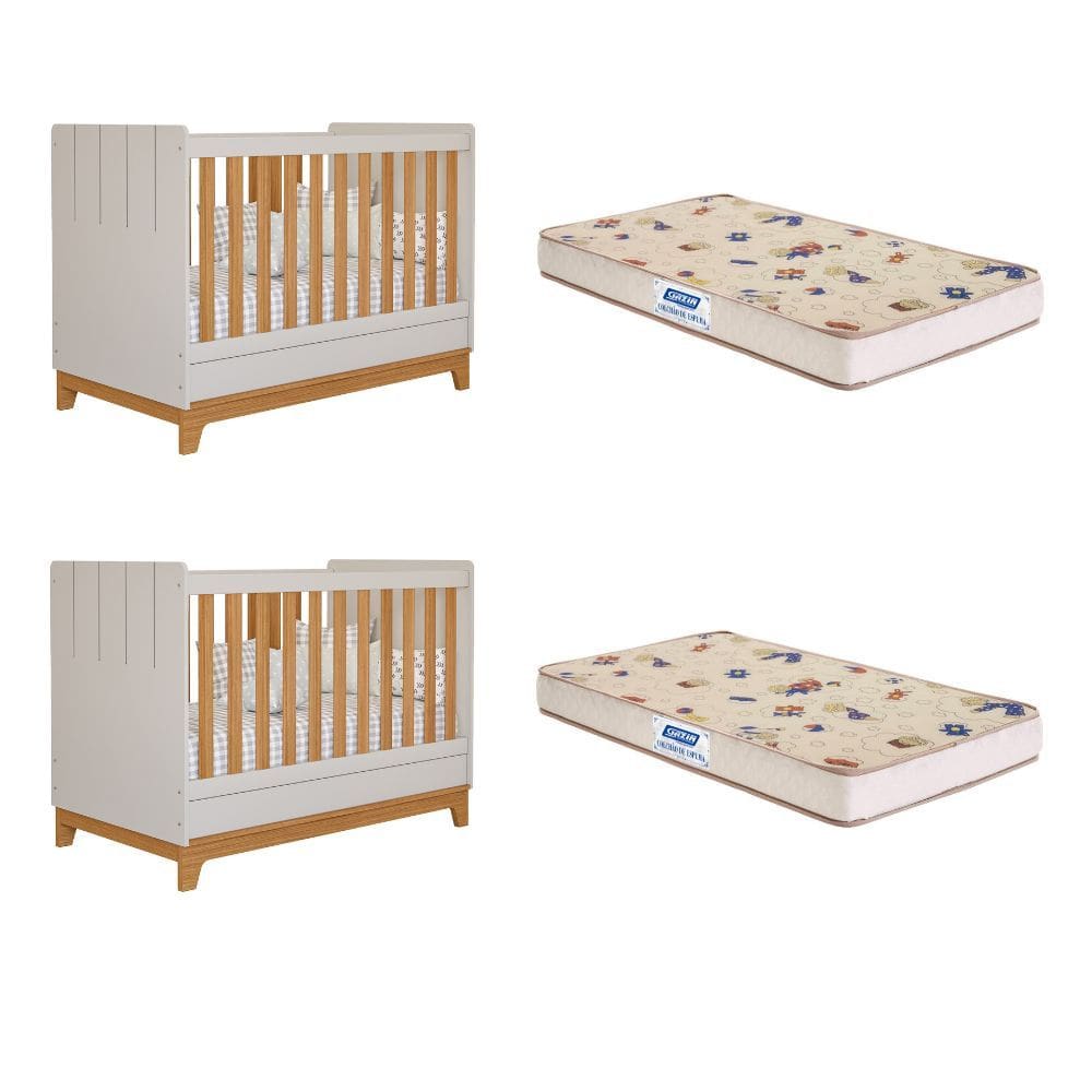 Quarto bebê gêmeos com 2 Berços Mini Cama Liza Permobili com 2 Colchões Gazin