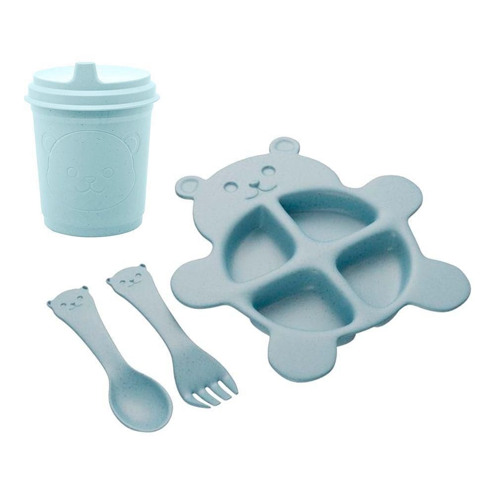Jogo Prato Infantil Divisórias Com Copo E Talheres Urso Baby Azul Fibra De Bambu Pp Lyor
