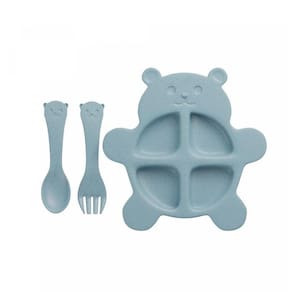 Prato Divisória E Talheres Refeição Bebê Urso Azul Ecológico Lyor