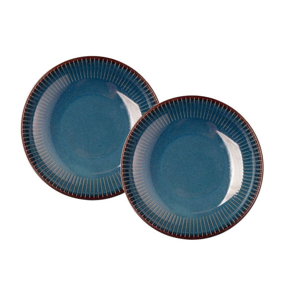 Jogo 2 Prato Fundo De Massas Cerâmica Linear Azul Premium 23cm Lyor