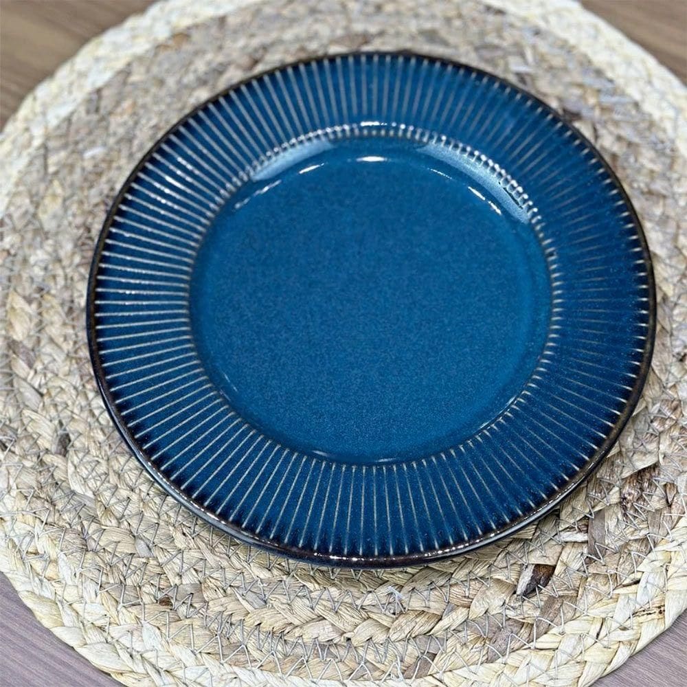 Prato De Sobremesa Ceramica Azul Linear Rústico 20cm Lyor