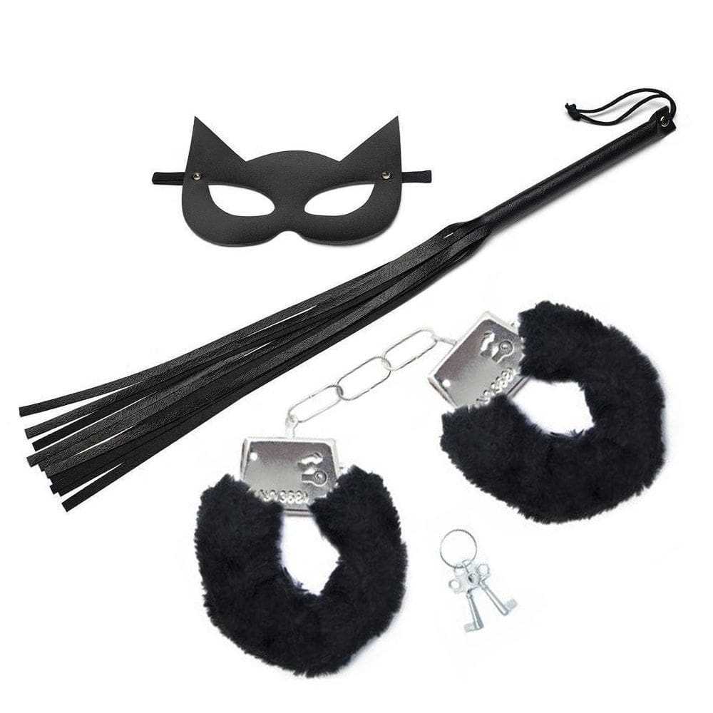 Kit Máscara Mulher Gato, Chicotinho e Bracelete de Pelúcia