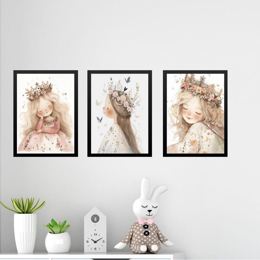 Kit 3 Quadros Infantis Menina Vintage Princesa 33X24Cm