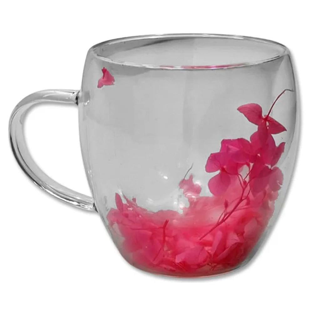 Caneca Xícara Chá Café 250ML Parede Dupla de Vidro Com Flores Rosas Primavera Decorativas Presente