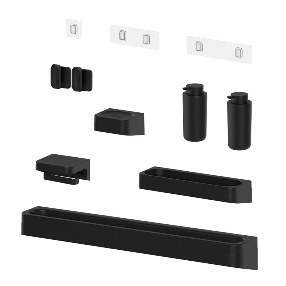 Kit Banheiro 8 Peças Saboneteira + Porta Papel Higiênico + Porta Shampoo + 2 Dispenser Shampoo + Toalheiro + 2 Ganchos + Adesivos Preto Ou