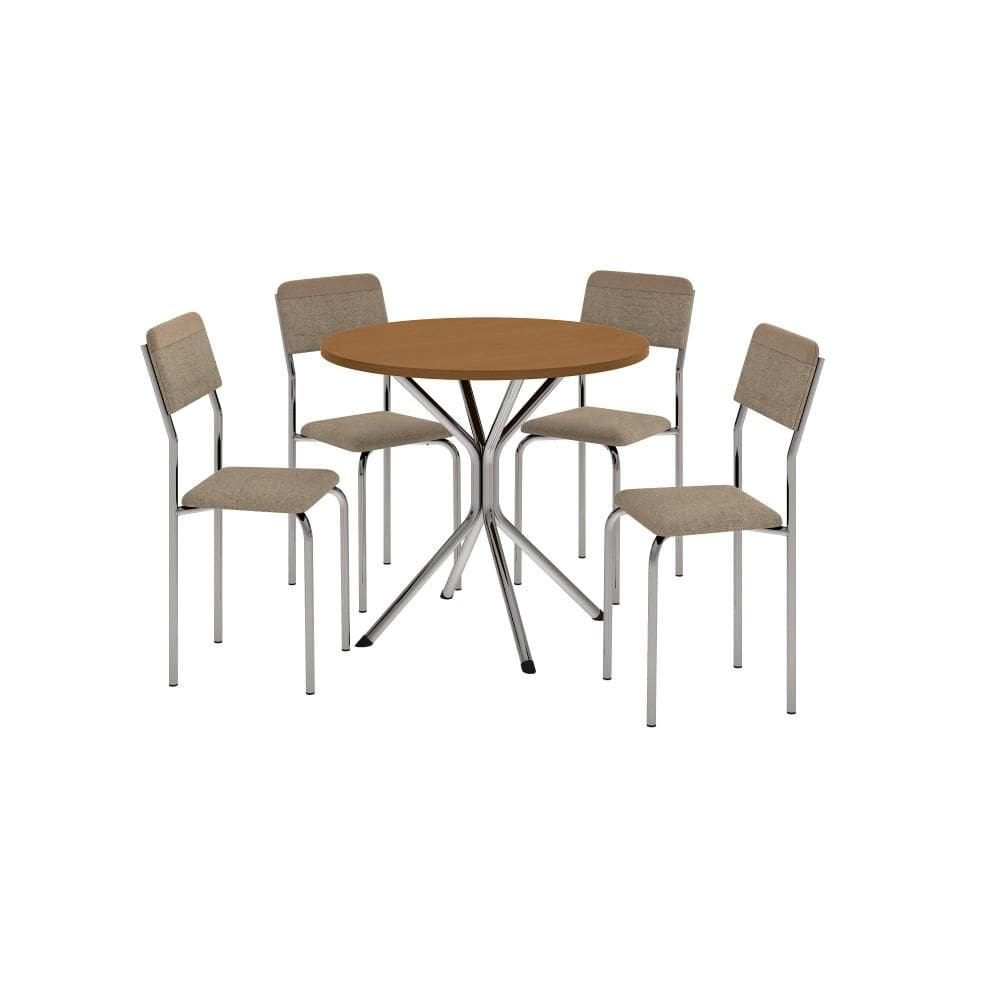 Conjunto Sala de Jantar 4 Cadeiras Mesa Tampo de Madeira Kappesberg Crome Cromado/Linho Fendi/Canela