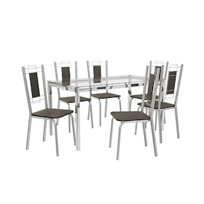 Conjunto Sala de Jantar 6 Cadeiras Mesa Tampo de Vidro Kappesberg Crome Cromado/Marrom