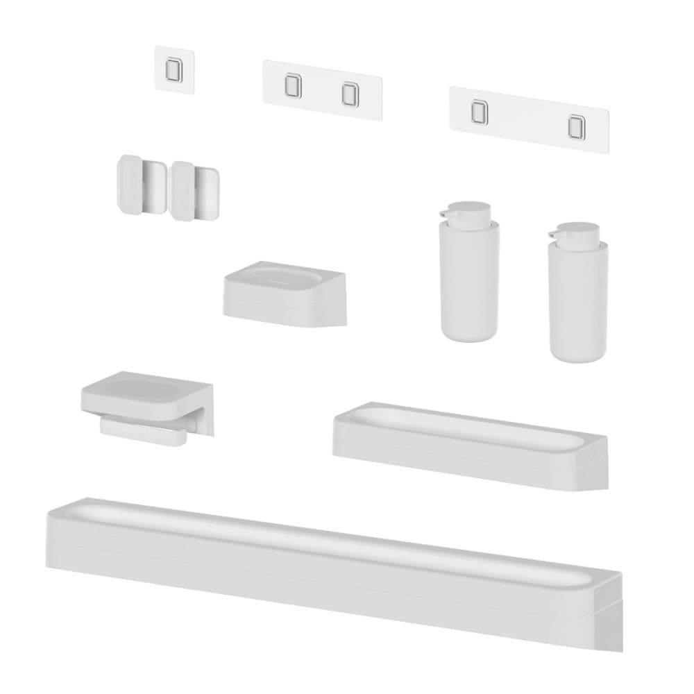 Kit Banheiro 8 Peças Saboneteira + Porta Papel Higiênico + Porta Shampoo + 2 Dispenser Shampoo + Toalheiro + 2 Ganchos + Adesivos Branco Ou