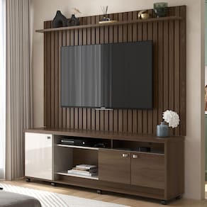 Rack com Painel para TV até 75 polegadas 3 Portas e Rodízios Dallas Imbuia/Off White - Lukaliam