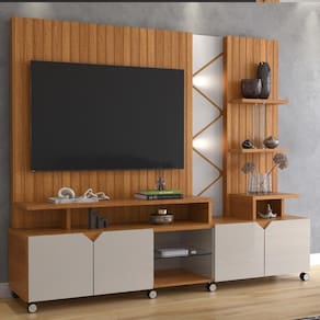 Estante Home para TV até 55 Polegadas 4 Portas Prateleiras Luz Led e Rodízio Cross Jequitibá/Off White - Lukaliam