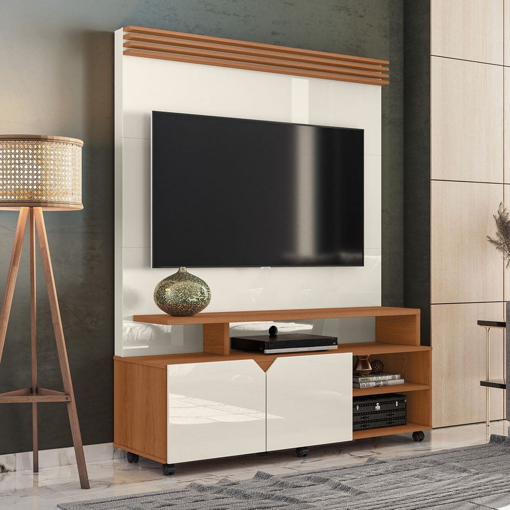 Estante Home para TV até 60 Polegadas 2 Portas Prateleira e Rodízio Berlim Off White/Tauari - Lukaliam