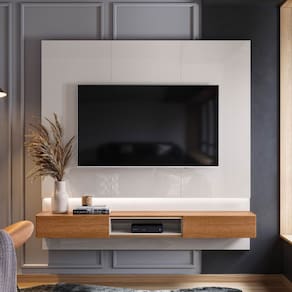 Paine para TV até 70 polegadas com 2 Gavetas Iluminação em fita de LED l Paris Off White/Jequitibá - Lukaliam