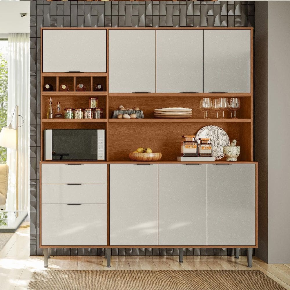 Armário de Cozinha 7 Portas 3 Gavetas e Adega para 4 Garrafas Viena Jequitibá/Areia - Lukaliam