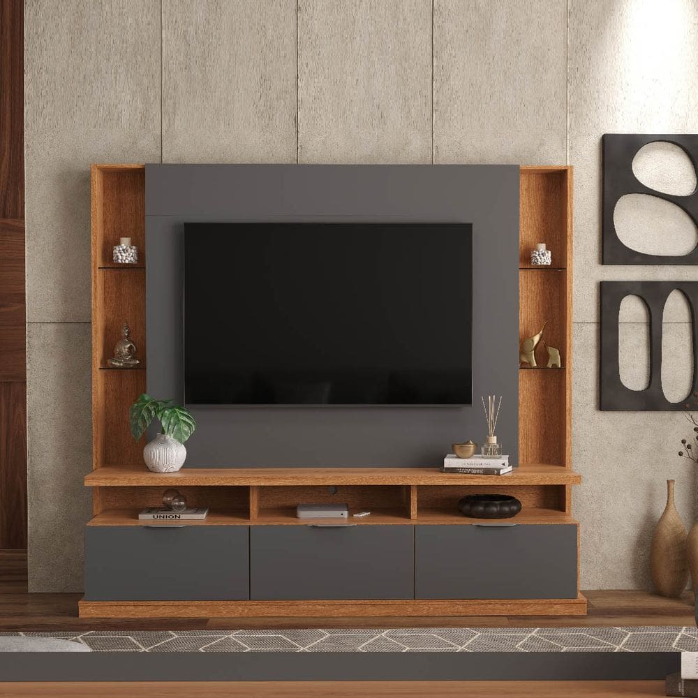 Estante Home para TV até 70 Polegadas 3 Portas Prateleiras Vidro e Rodízio Bilbao Jequitibá/Cinza Perolizado - Lukaliam