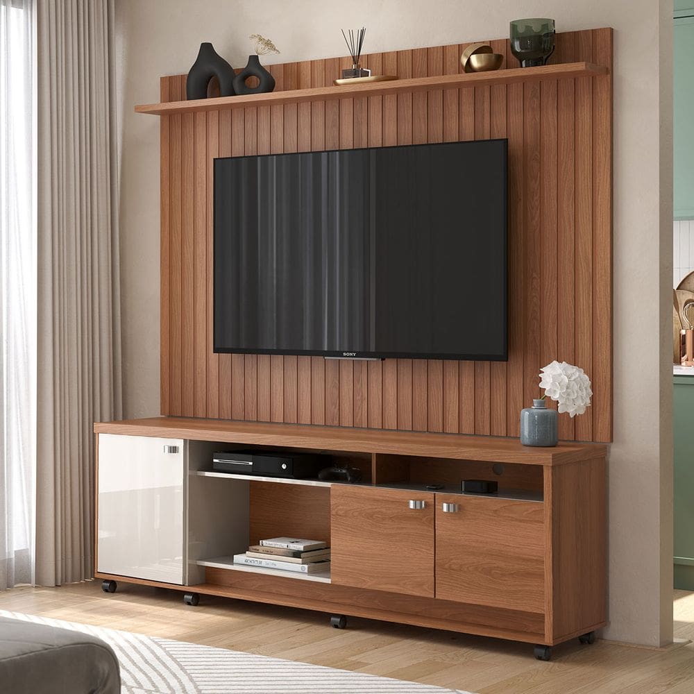 Rack com Painel para TV até 75 polegadas 3 Portas e Rodízios Dallas  Jequitibá/Off White - Lukaliam