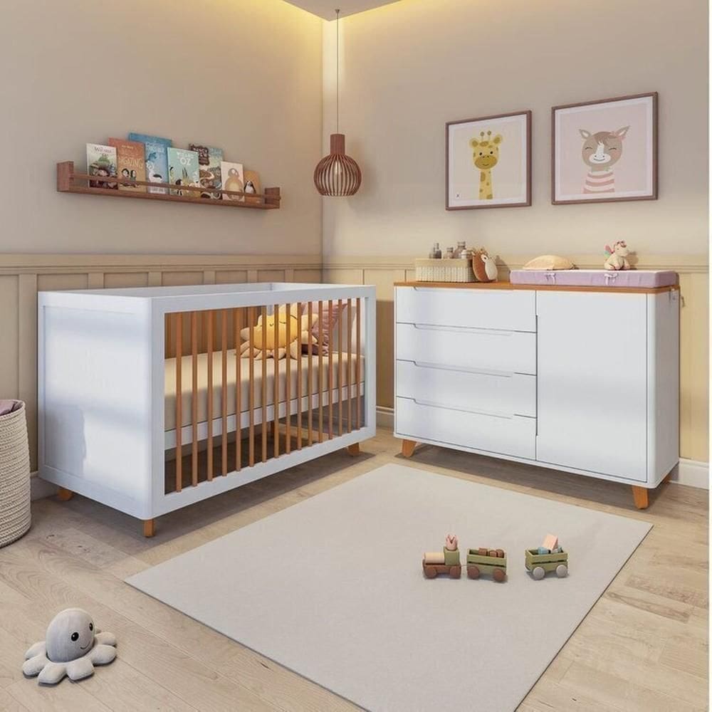 Conjunto Berço e Cômoda em Tampo Madeira Maciça Baby Tubbi Casatema Branco/Caramelo