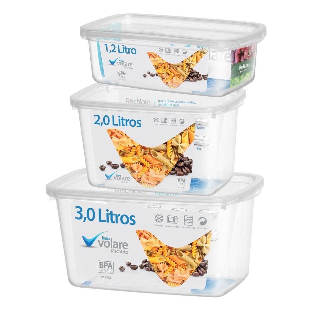 KIT 03 Potes Transparente GRANDE Volare Rischioto 3L - 2L - 1,2L - Marmita Presidio Comida Retangular - PANAMI