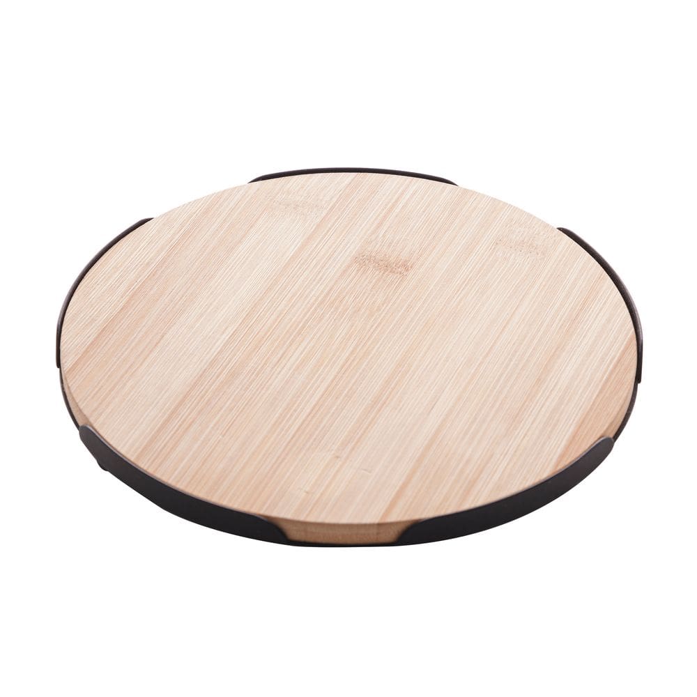 Bandeja Redonda em Bambu Com Moldura de Metal Preto 28cm Lyor