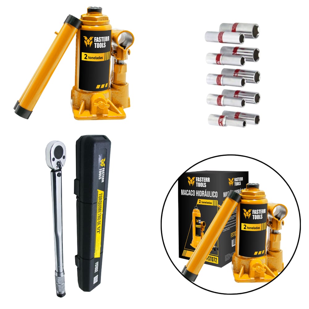 Kit Macaco Hidraulico Garrafa 2 Ton com Torquimetro de Estalo 42 A 210 nm Encaixe 1/2 crv +Jogo de Soquete Longo 1/2 10 A 22 10pcs