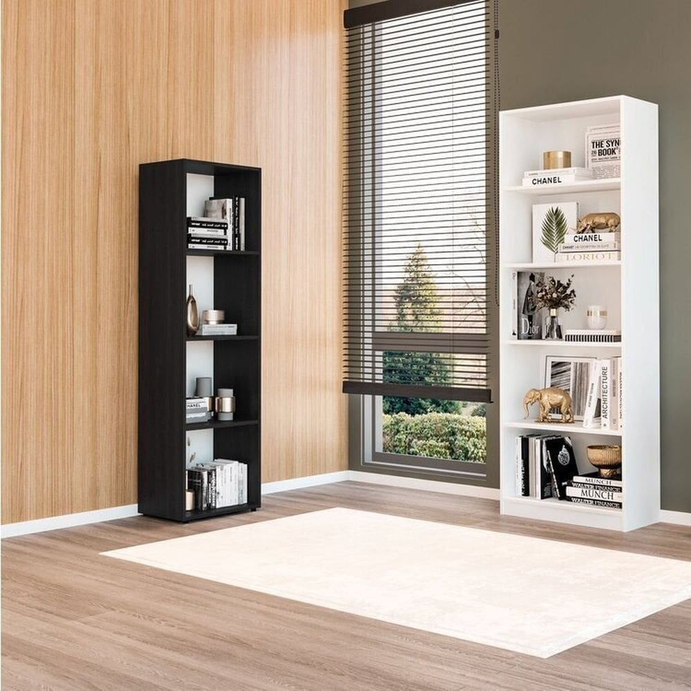 Kit 1 Estante Multiuso 5 Nichos Montreal e 1 Estante Livreiro Modular 4 Nichos Delta Branco/Preto