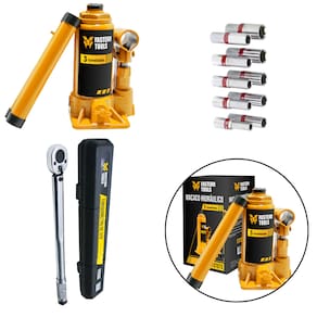 Macaco Hidraulico Garrafa 03 Ton Fasterr com Torquimetro de Estalo 42 A 210 nm Encaixe 1/2 crv + Jogo de Soquete Longo 1/2  10 A 22 10pcs