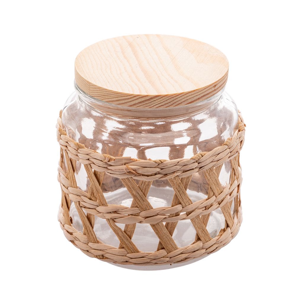Pote de Vidro Decorado C/Sisal e Tampa de Madeira 520ml Wolff