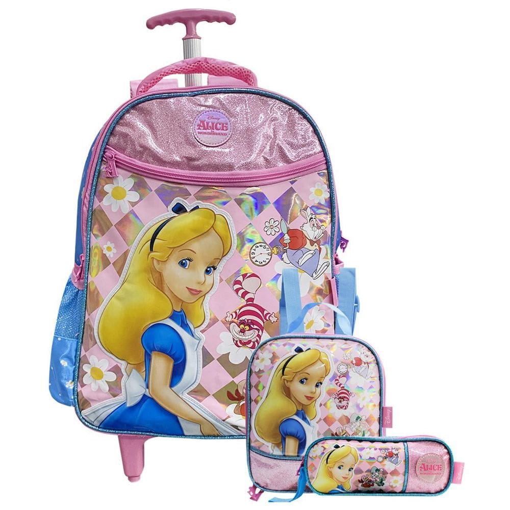 Mochila Alice In Wonderland Rodinhas Com Estojo E Lancheira