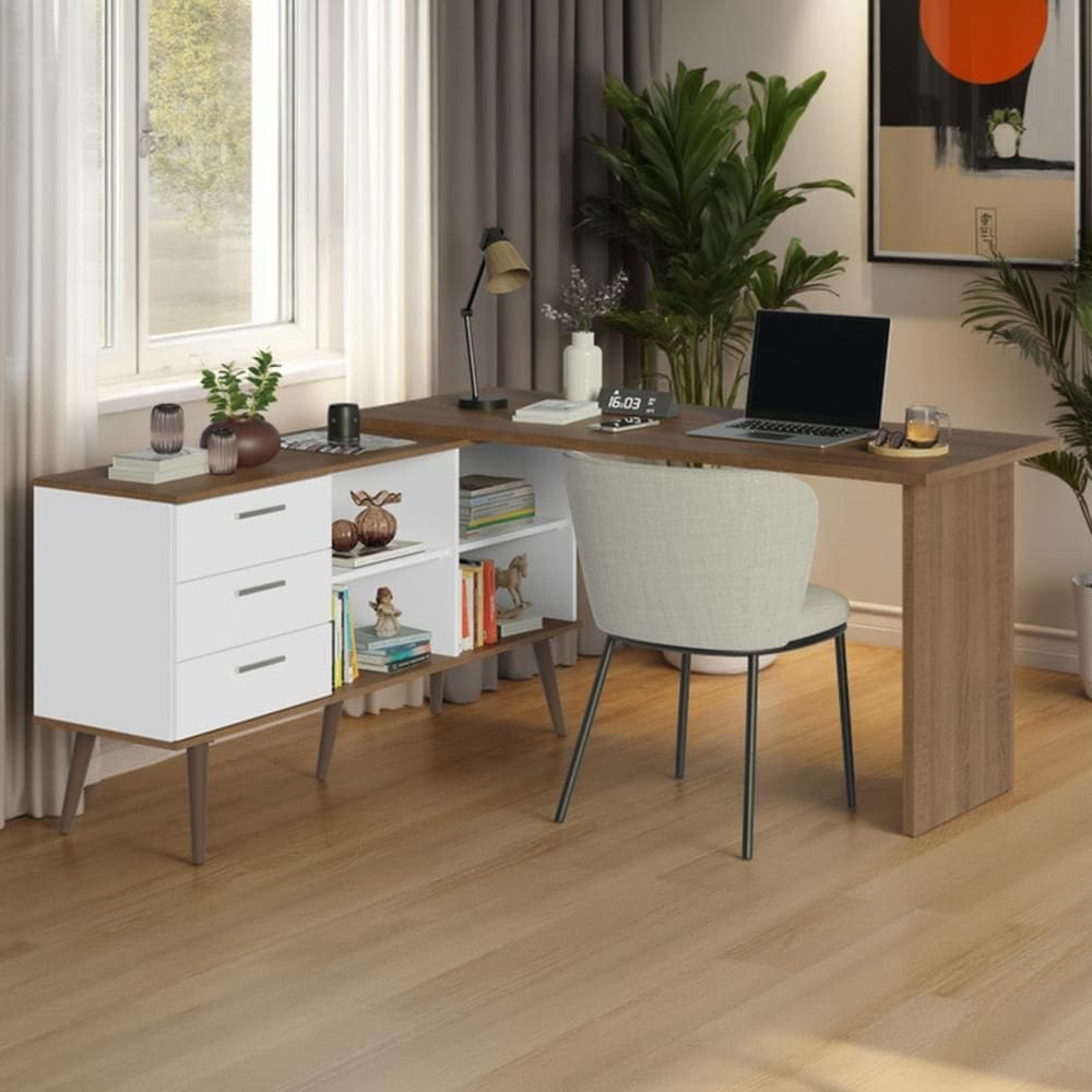 Mesa de Estudos em L 3 Gavetas Branco/Rustic Lisboa Madesa