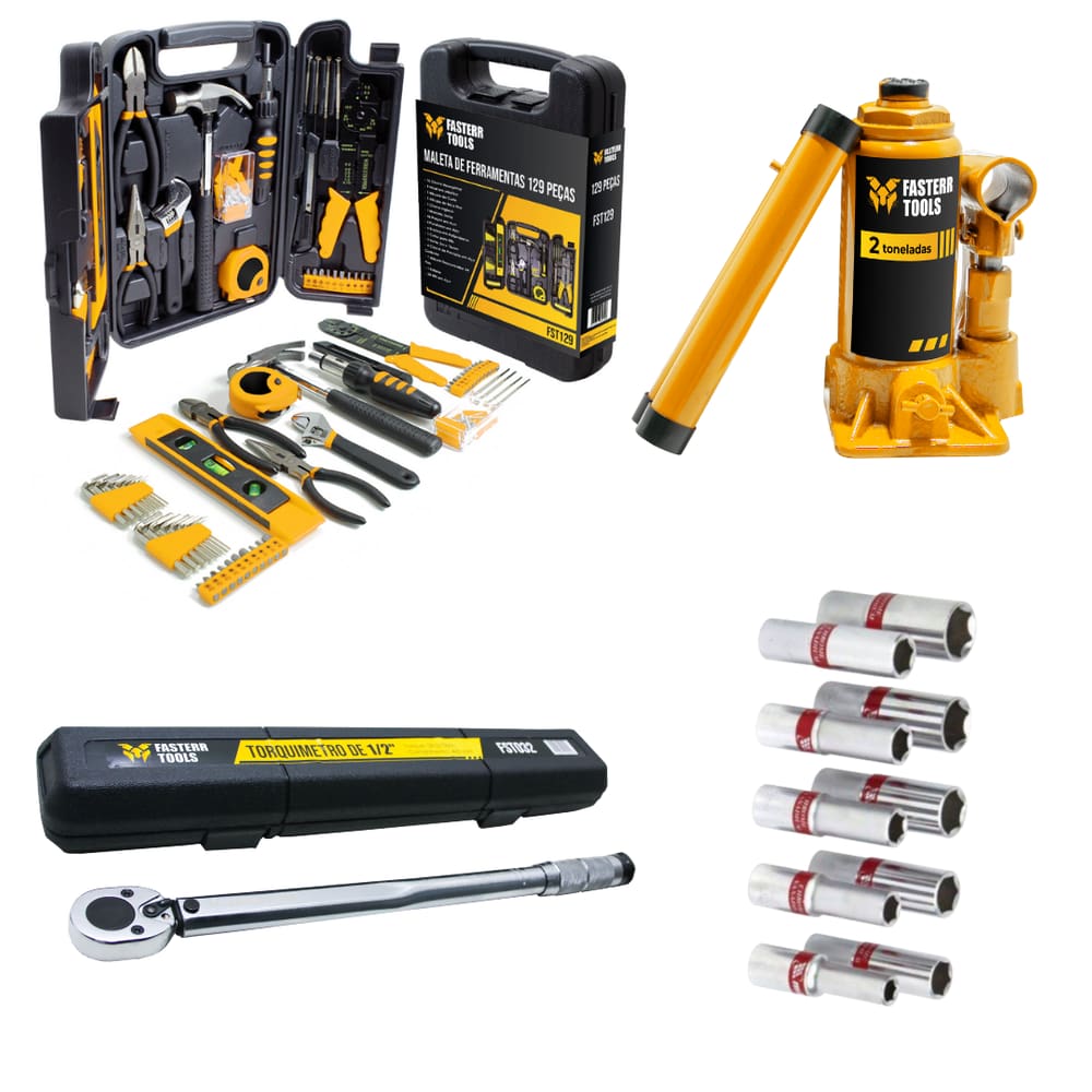 Macaco Hidraulico Garrafa 02 Ton Fasterr com Kit Ferramentas 129 pcs + Torquimetro e Jogo de Soquetes 1/2 10 A 22 - FST072