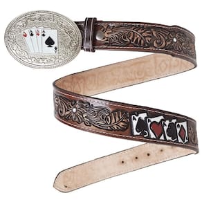 Cinto Country Western Couro Fivela Removivel Estampa Jogo de Cartas Baralho Feito a Mao Estiloso