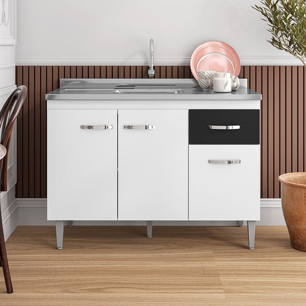 Balcão de Pia Gabriela 120cm Branco Preto AJL Móveis