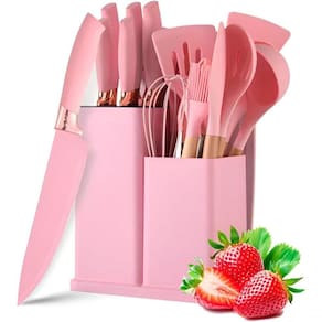 Utensilios Para Cozinha Silicone Kit Com 19 Peças Cabo Madeira Conjunto Completo - Rosa