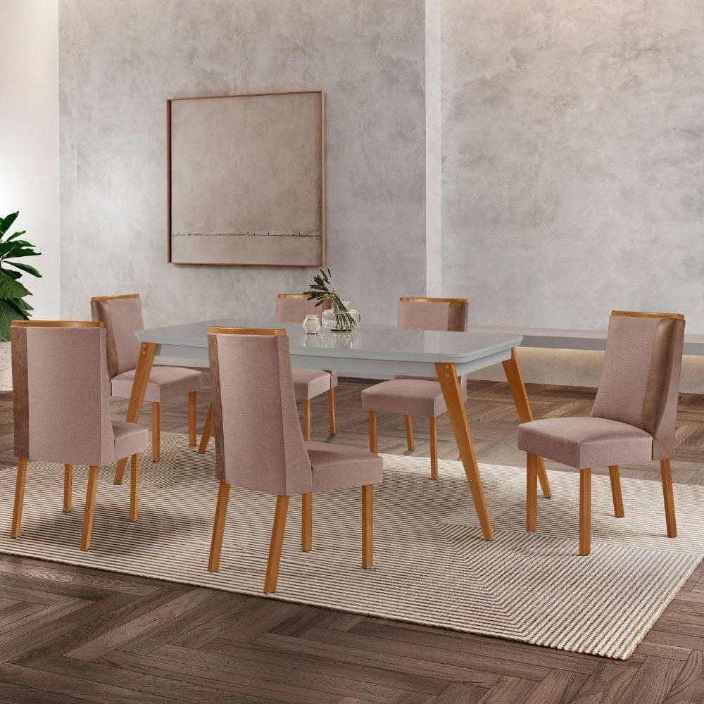 Mesa De Jantar Copper Madeira Vidro Com 6 Cadeiras Diane Moderna Linho Capuccino/Tork/Off White/Nat