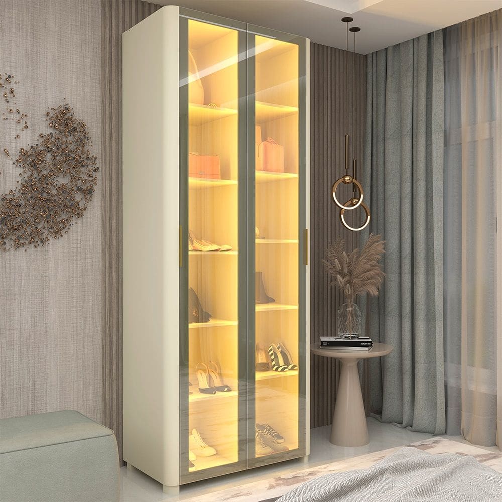 Sapateira 2 Portas Reflecta LED 100% MDF Off White - Gelius