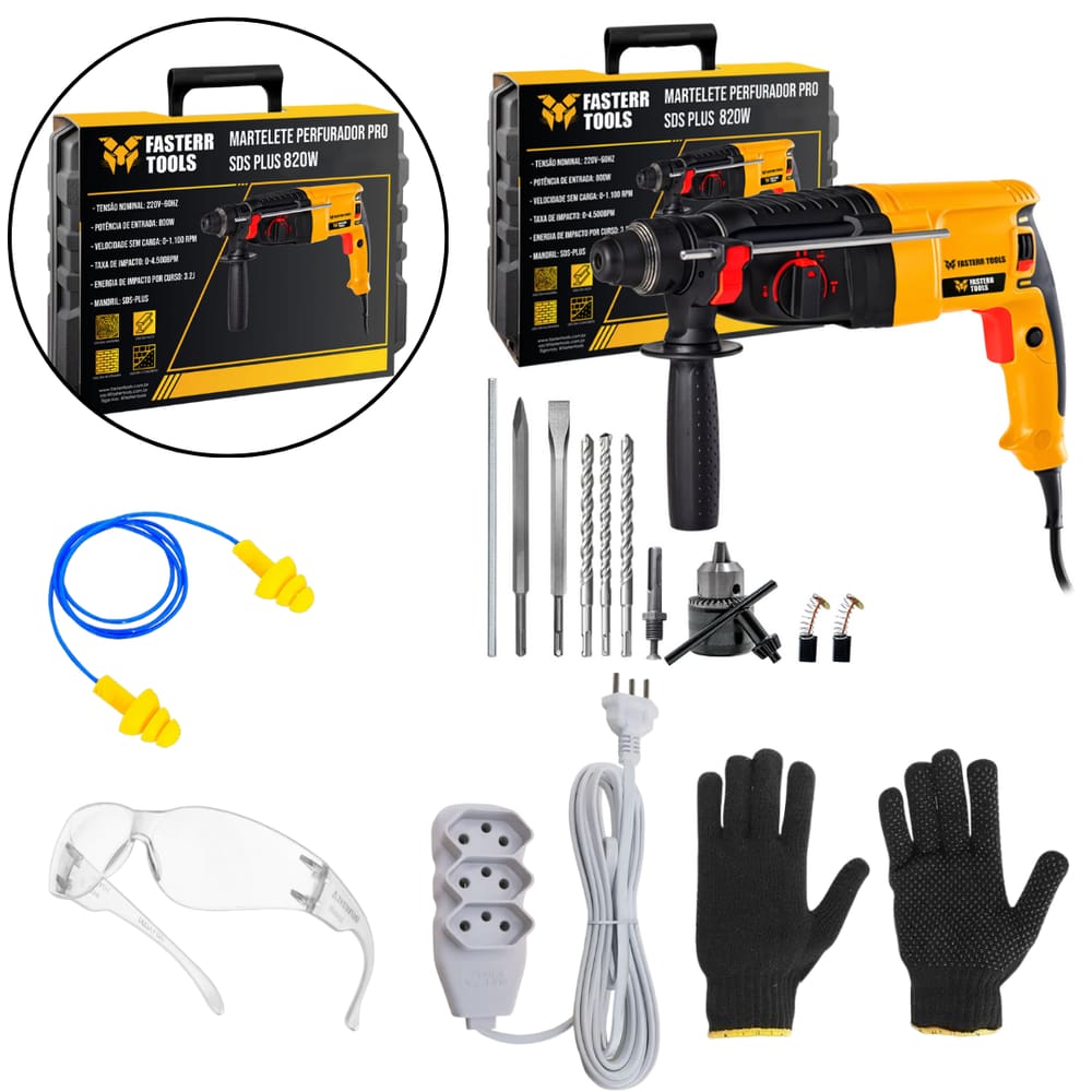 Martelete Combinado Sds Plus 820w com Maleta, Mandril, Ponteira e Talhadeira + Kit de Alta Performance