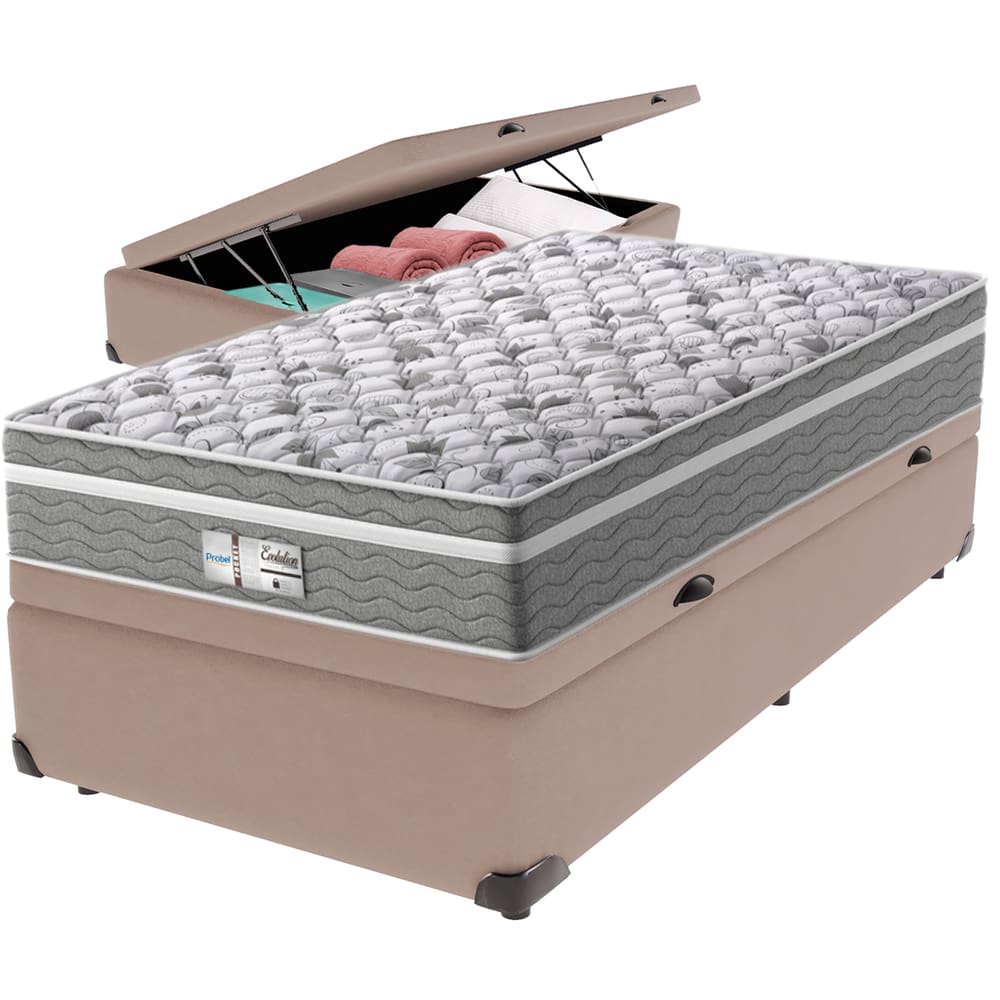 Cama Box Baú Bege e Colchão Evolution Molas Ensacadas Solteiro Probel