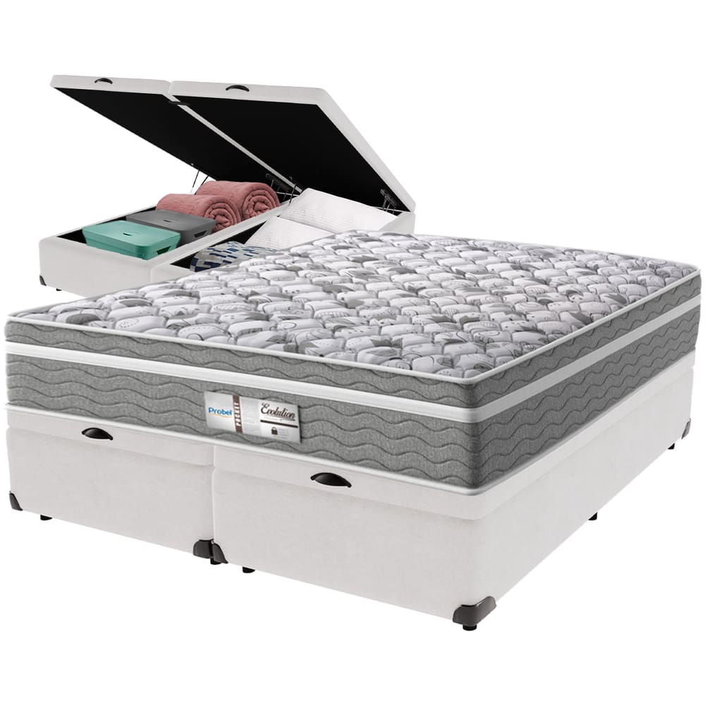 Cama Box Baú Branco e Colchão Evolution Molas Ensacadas Queen Probel