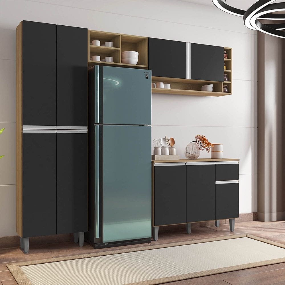 Cozinha Compacta Vanessa 230cm Amêndoa Preto AJL Móveis