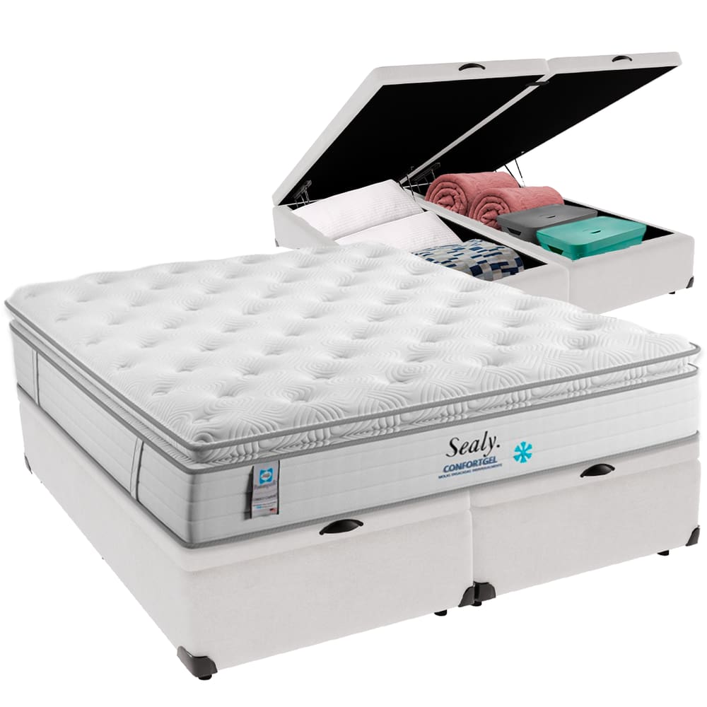 Cama Box Baú e Colchão Confort Gel Molas Ensacadas com Pillow Top Queen Sealy