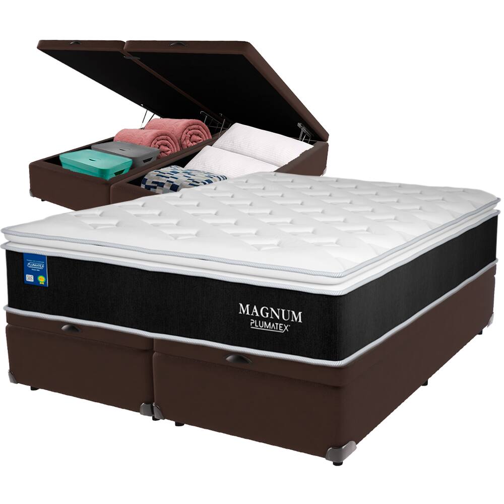 Cama Box Baú e Colchão Magnum Molas Ensacadas Queen Plumatex