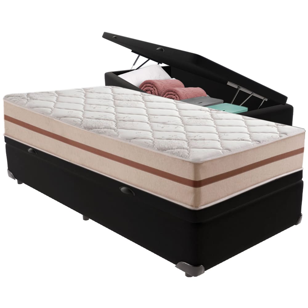 Cama Box Baú Preto e Colchão Classic 26 cm Molas ensacadas Solteiro Anjos
