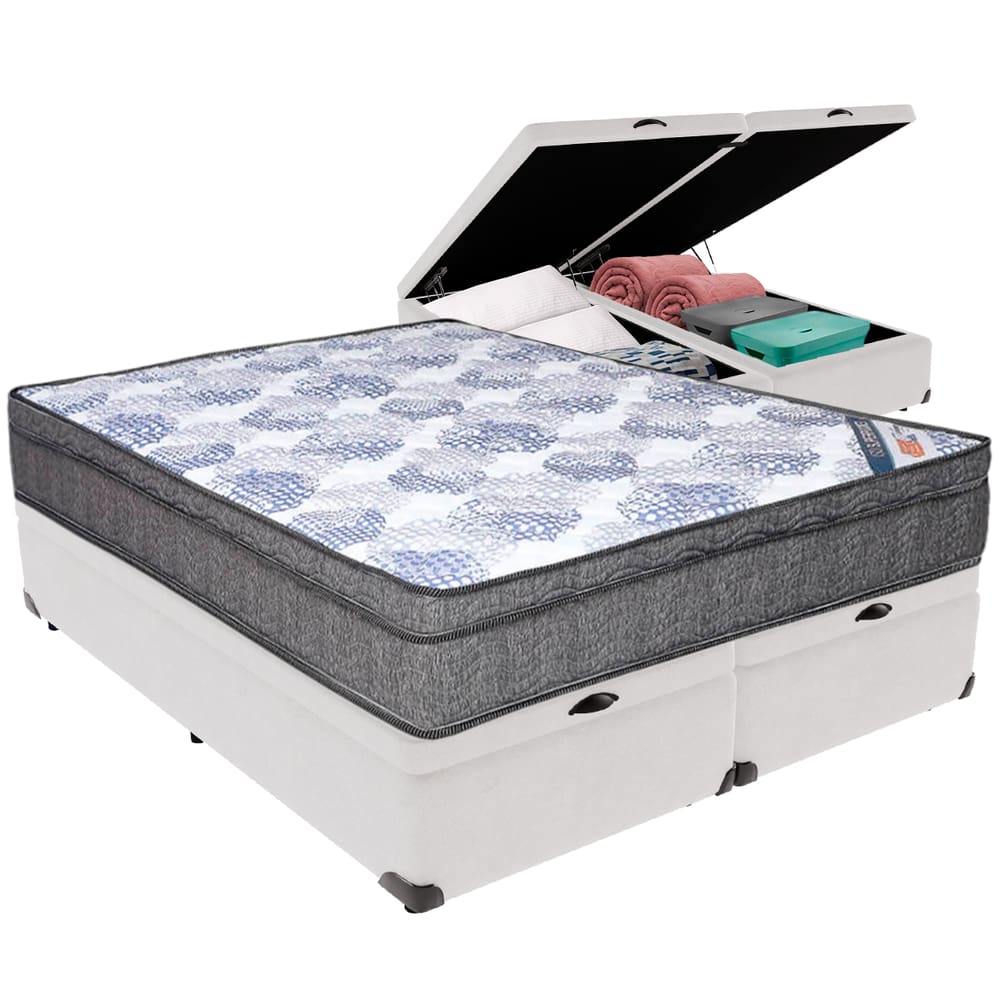 Cama Box Baú Branco e Colchão ISO  Molas Ensacadas Queen Ortobom