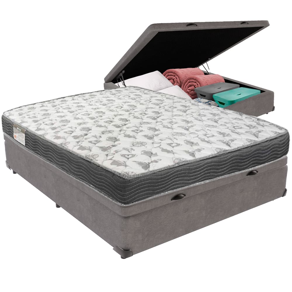 Cama Box Baú Cinza e Colchão ISO100 Espuma D33 Viúvo Ortobom