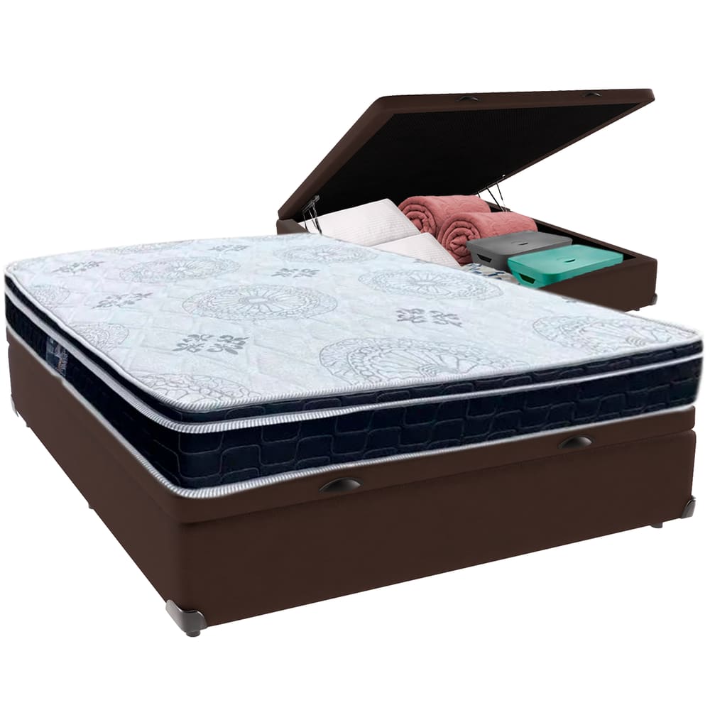 Cama Box Baú Marrom e Colchão Orthosono D33 Com Euro Pillow  Viúvo Anjos