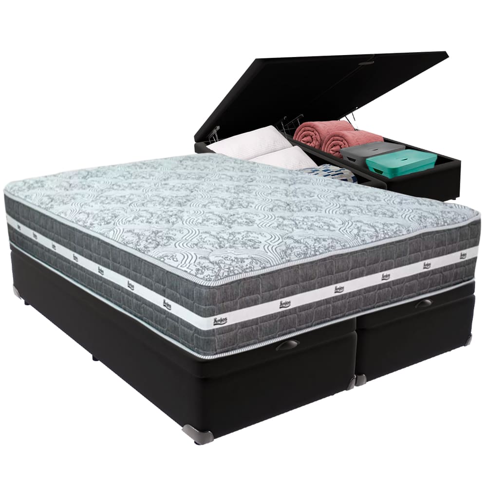 Cama Box Baú e Colchão Black Graphite Molas Ensacadas King 193x203X27 Anjos